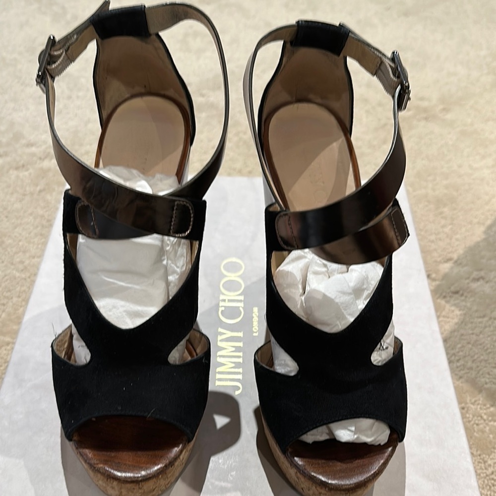 Jimmy Choo Black Wedge Shoes with Suede Straps